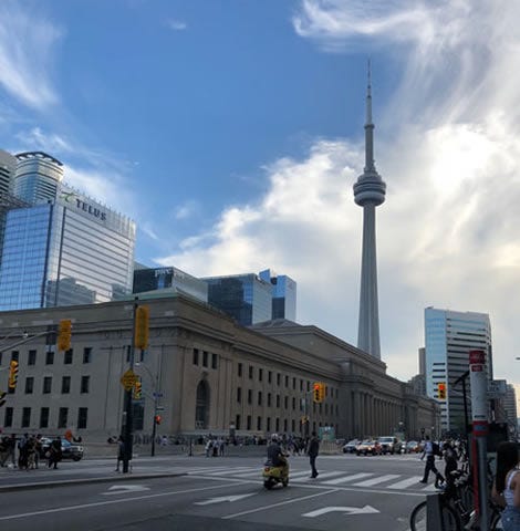 Photo: Toronto &mdash; with the Union Station in the foreground and the CN Tower in the background