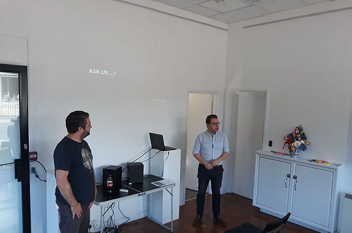 Photo: Kevin Rowe (left) and Simon (right) answering questions after their talk